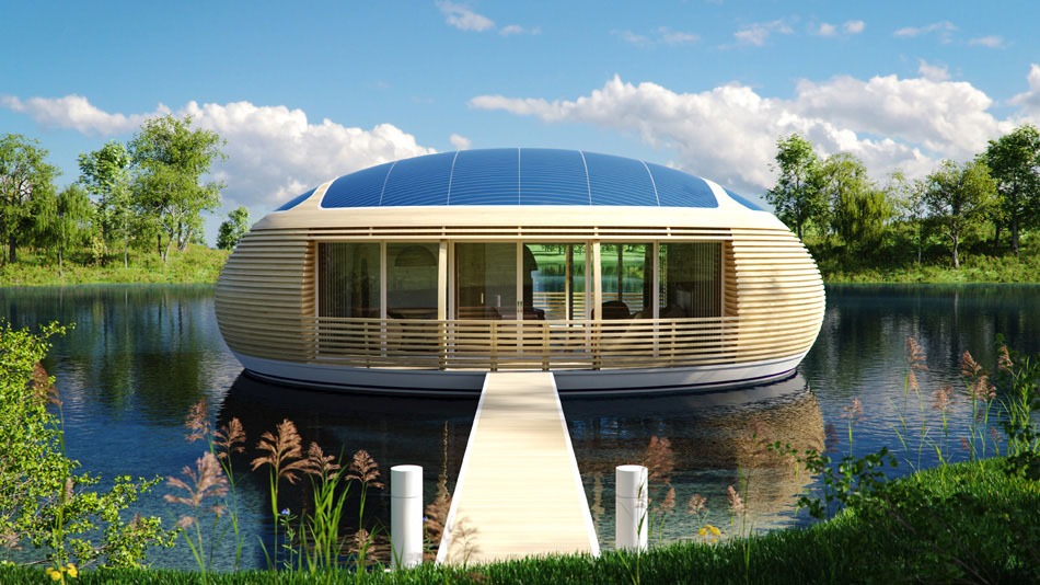 Fachada de casa ecológica de madera de forma circular