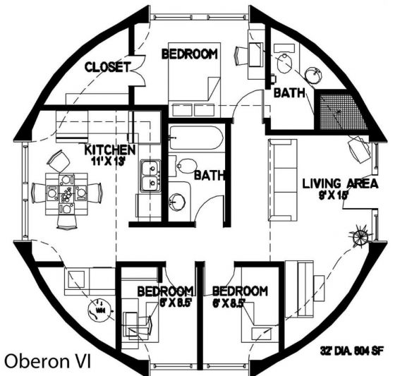 План круглого дома с тремя спальнями 