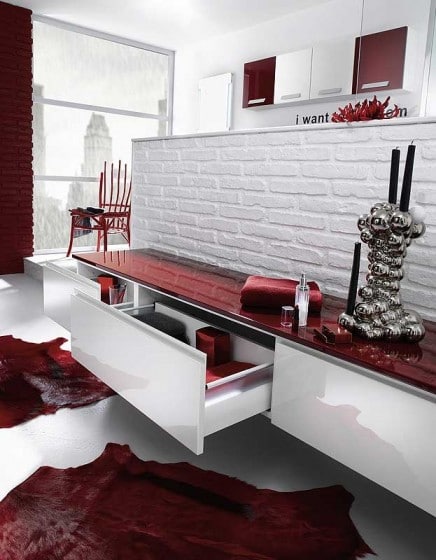 Красная столешница в дизайне мебели для ванной комнаты