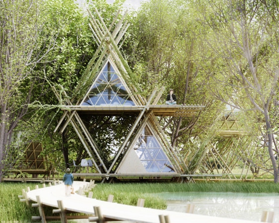 Дизайн экологичного бамбукового дома на двух уровнях