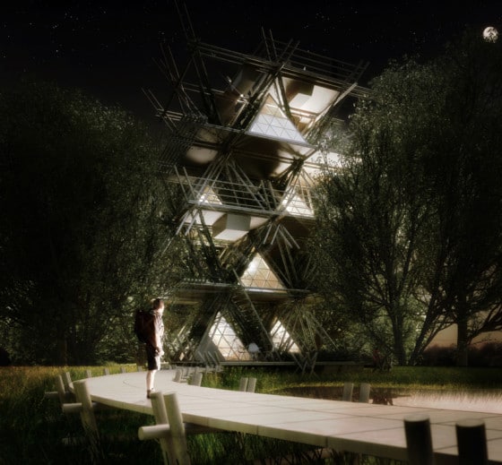 Проект бамбуковых домов с ночной подсветкой