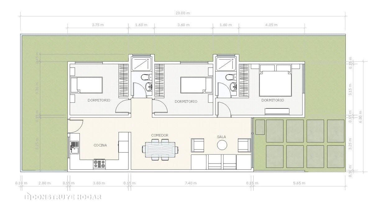 План одноэтажного дома, построенного на небольшом участке