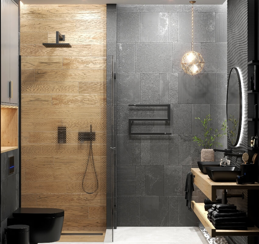 Великолепный современный дизайн ванной комнаты с темными стенами, кафельным полом, двойной раковиной и душем со стенами из ламината.