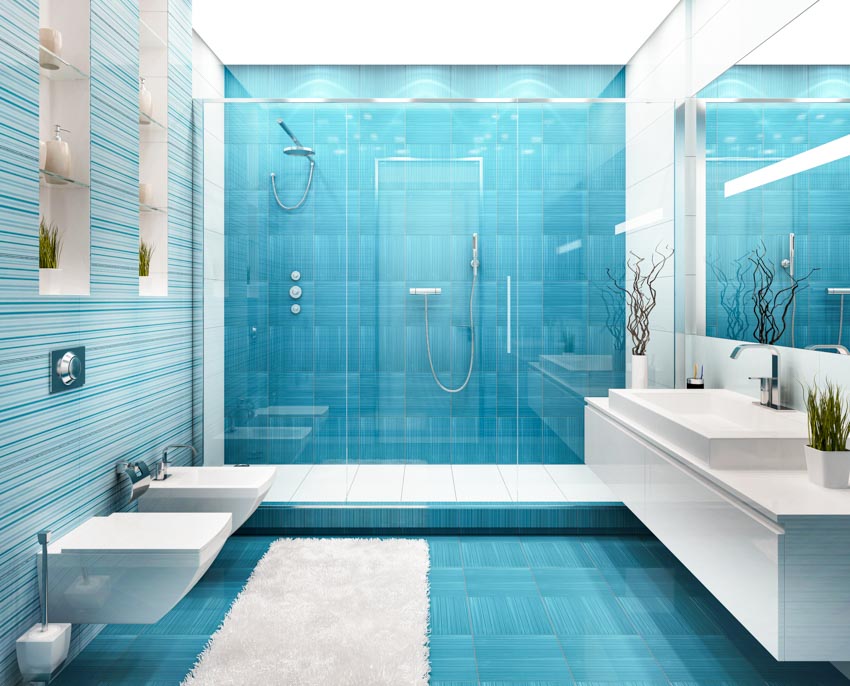 Ванная комната с современным душем из стеклянной плитки, туалетом, биде, плавающей раковиной и зеркалом.