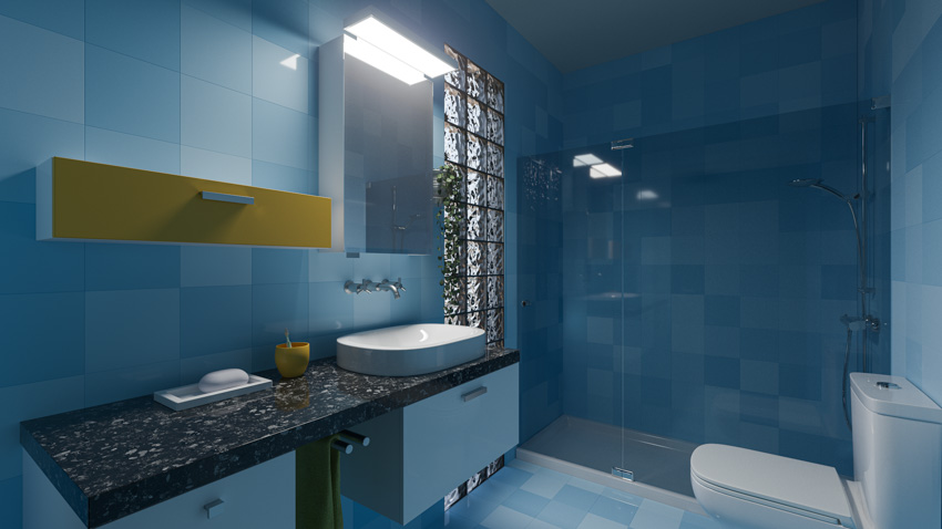 Голубая ванная комната с душем из стеклянной плитки, столешницей, раковиной, шкафчиками и зеркалом