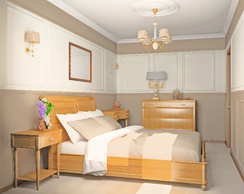 Аккуратно выглядящий коричнево-белый интерьер спальни с деревянной мебелью
