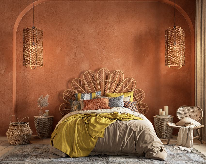 Деревенский желтый и золотой с коричневым интерьером стен, креслом, комодом и декором