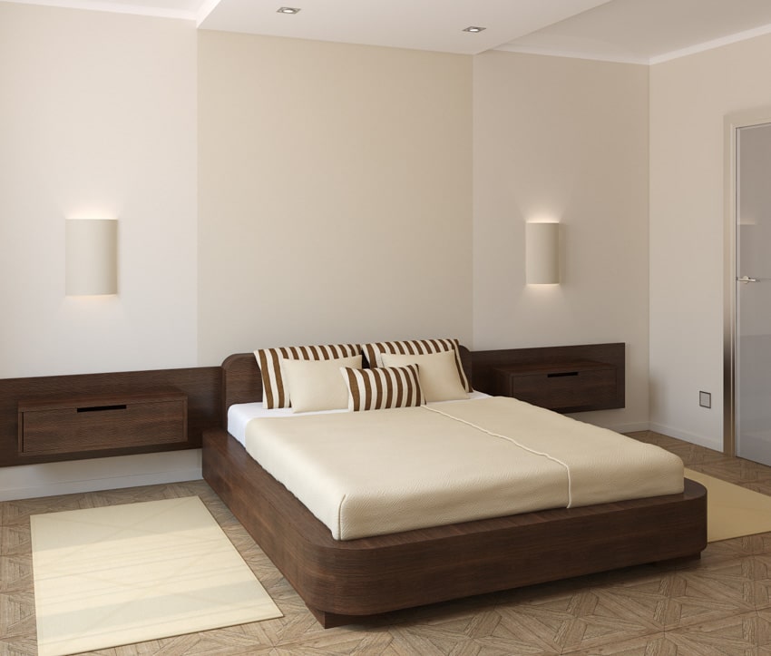 Спальня с настенными бра заподлицо, матрасом, подушками, плавающей тумбочкой и потолочными светильниками