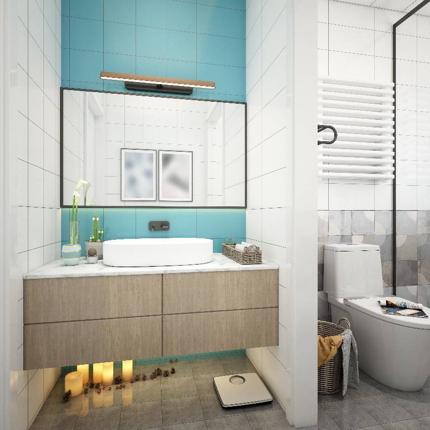Небольшая ванная комната с акцентом на стене от пола до потолка, плавающей столешницей и туалетом.