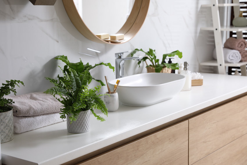 Туалетный столик со столешницей, раковиной, зеркалом, комнатными растениями и смесителем