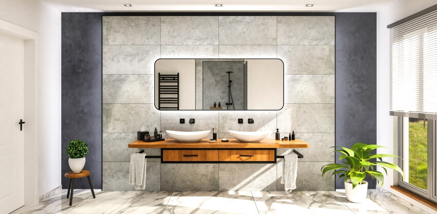 Современная ванная комната с полом, выложенным мраморной плиткой, и умывальником на плавающей столешнице из дуба.