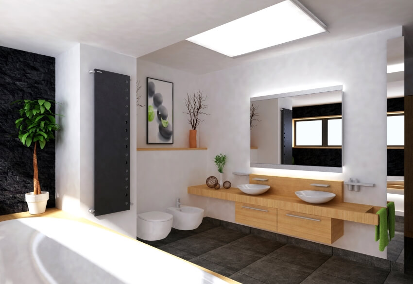 Современная ванная комната с плавающей столешницей из мясных блоков и полом из черной плитки.