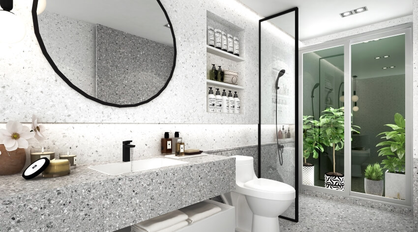 Гранитная ванная комната с растениями, полками, зеркалом и плавающей столешницей