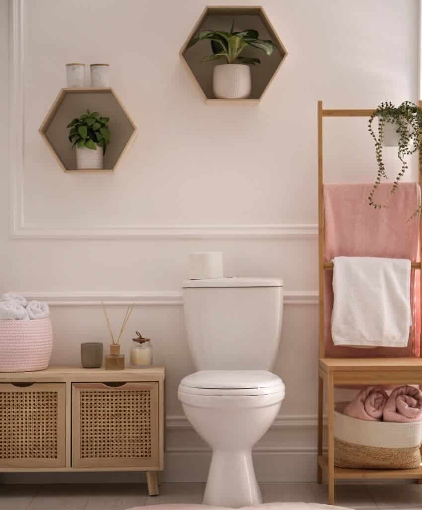 Интерьер ванной комнаты с растением в сотовых полках и деревянной консолью с декором