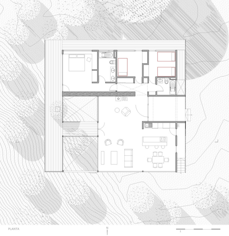 План загородного дома три спальни - квадратный участок