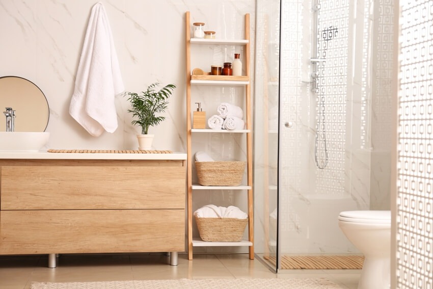 A modern bathroom interior with bathroom essentials, decorative ladder, and shower stall