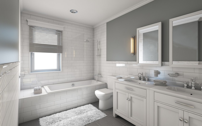 Bathroom with white subway tiles, windows, tub, toilet, cabinets, mirrors, and sinks