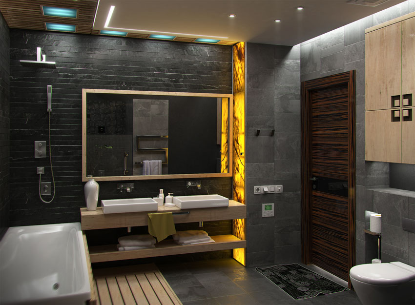 Ванная комната с полом из сланцевой плитки, ванной, душем, зеркалом, туалетом и раковиной.