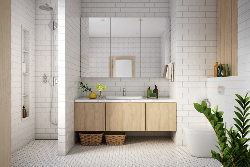 Ванная комната со стеной из плитки метро, ​​душем, зеркалом, раковиной и комнатными растениями