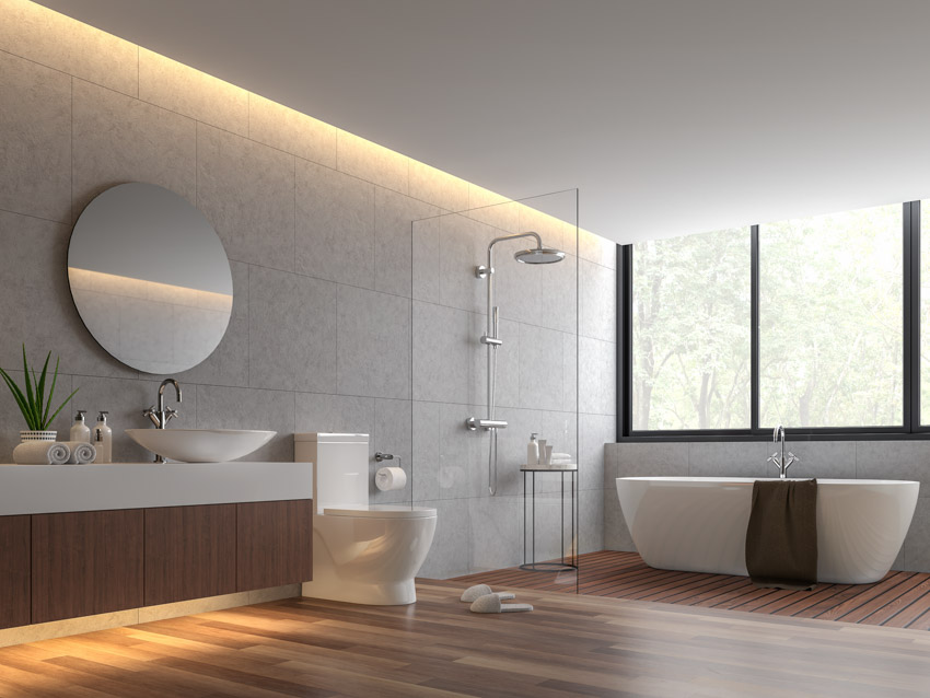 Современная ванная комната, открытая душевая кабина, деревянный пол, зеркало, раковина, туалет, окно