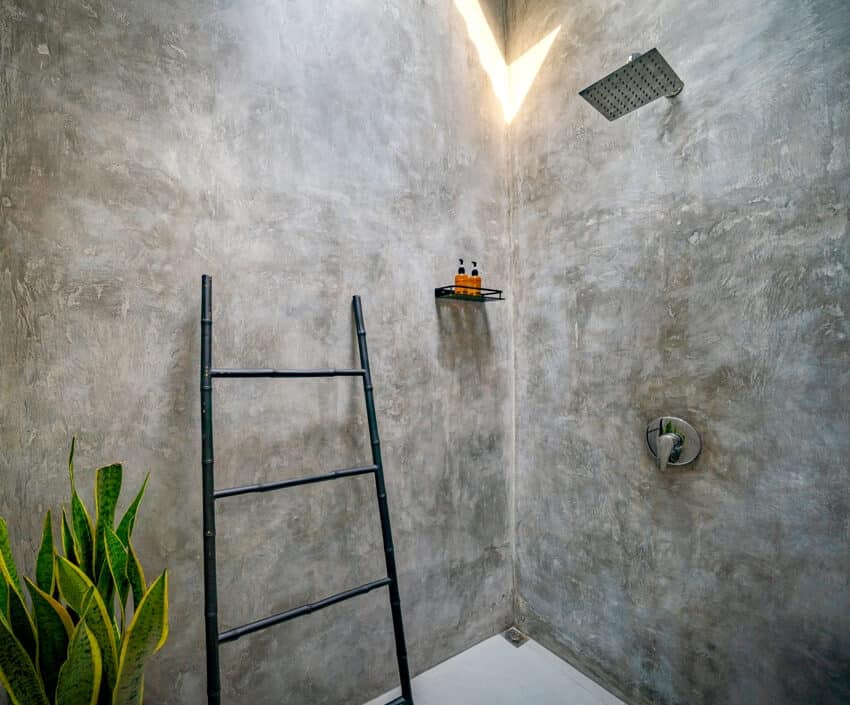Современная ванная комната с душевой кабиной из полированного бетона и тропическим декоративным растением