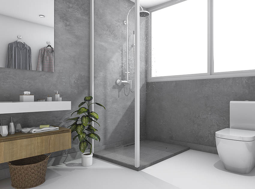 Современная ванная комната с душем из серого таделакта