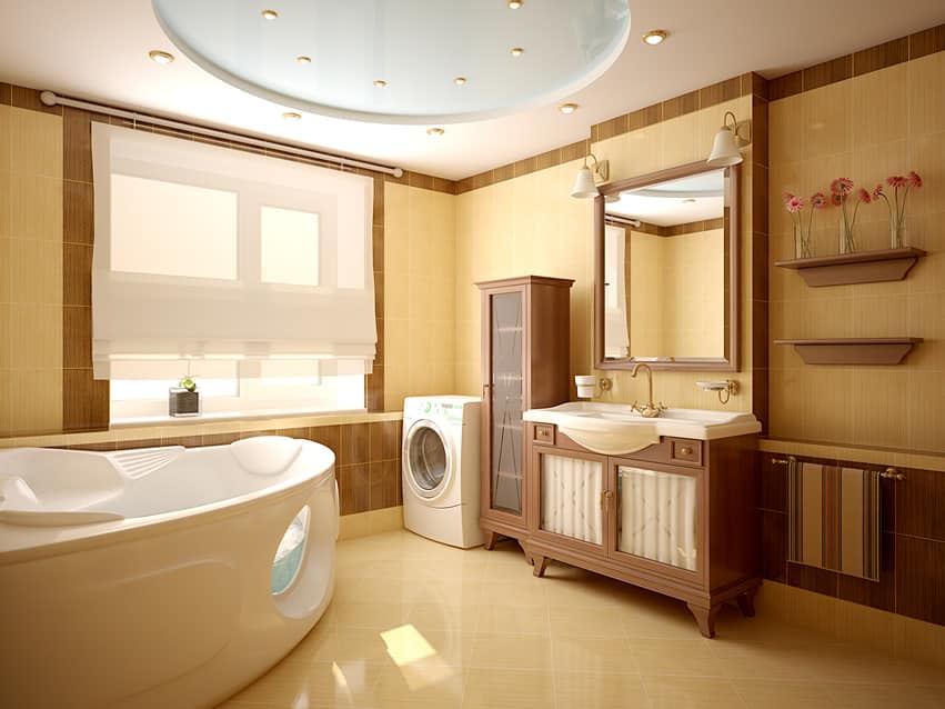 Современный дизайн ванной комнаты использует сочетание качественной керамической плитки светло-кремового и коричневого цветов.