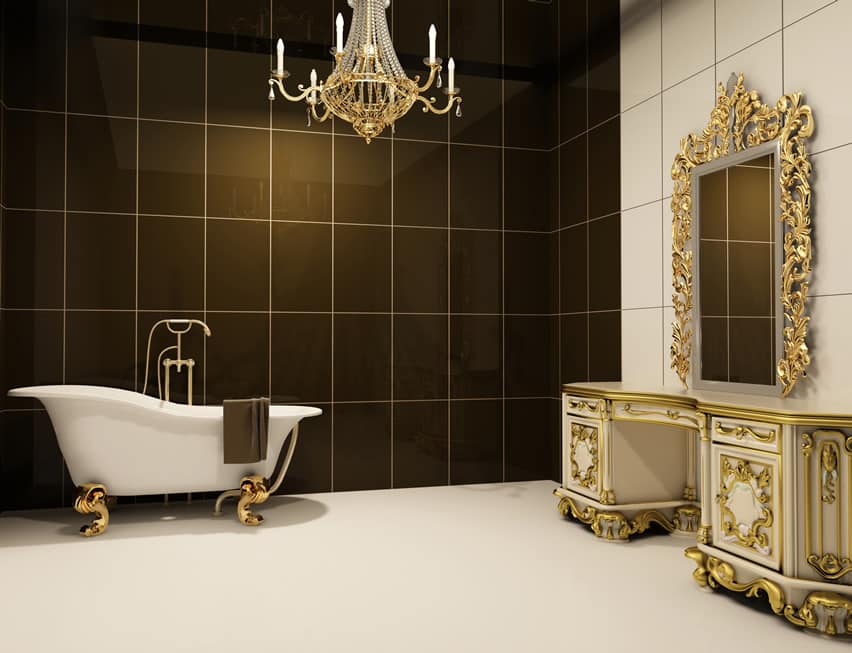 Роскошная ванная комната в золотом стиле с полированным керамогранитом однотонного белого и темно-оливкового цвета