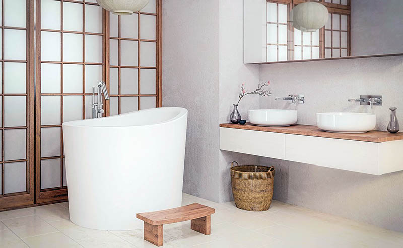 Японская ванна офуро в ванной комнате с дверьми сёдзи