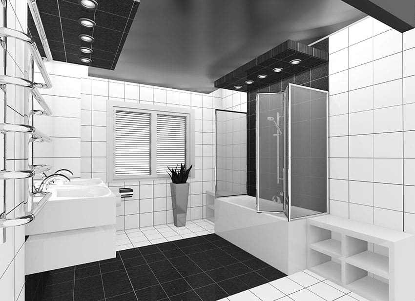 Бело-черная ванная комната с двустворчатыми душевыми дверями