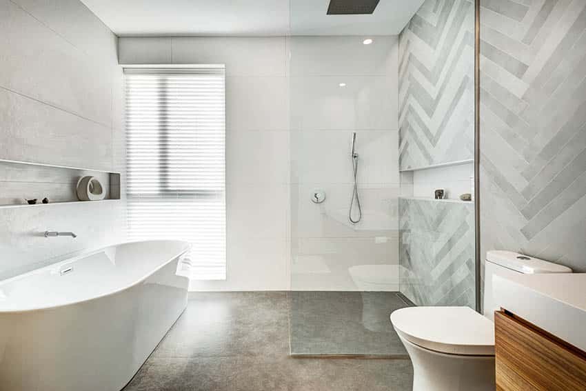 Bathroom wet room with concrete floor shower large freestanding tub