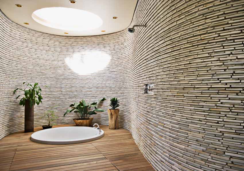Modern bathroom skylight accent wall tub wood floor indoor plant