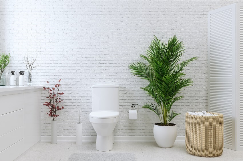 Белая ванная комната с комнатными растениями, кирпичной стеной, ротанговой корзиной, перегородкой, плиточным полом и туалетом с подъемом вверх